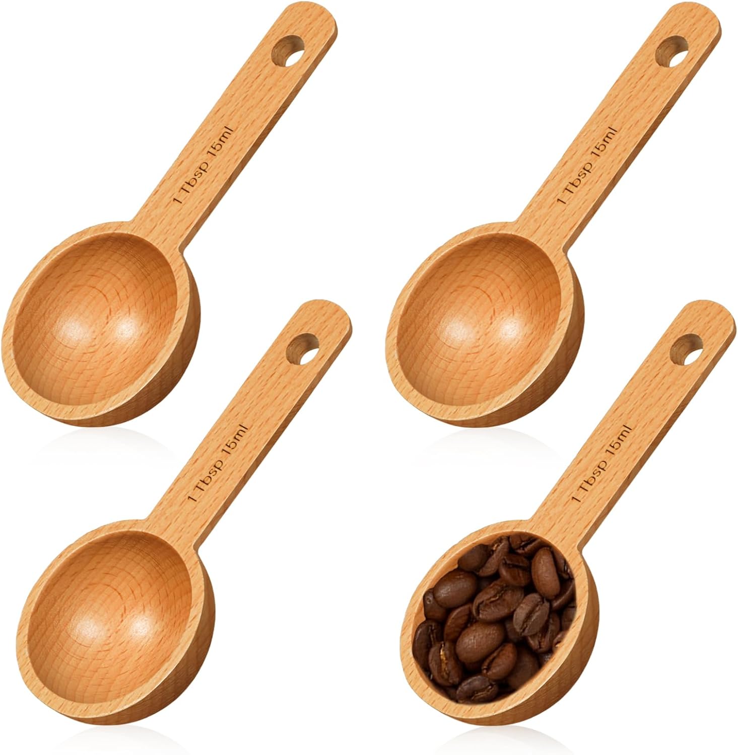 4 Pack Wooden Small Scoops for Jars, 1 Tablespoon Coffee Scoop in Beech Wood, 15ml Wood Coffee Measure Scoop for Measuring Coffee Beans Tea Sugar Home Kitchen Accessories
