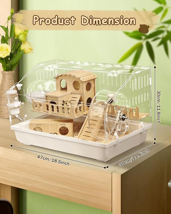8-in-1 Acrylic Hamster Cage: 2-Layer, Clear Panels, Top-Opening, Full Accessories for Pet Mice, Hamster House for Dwarf Hamsters & Gerbils 18.5x11.8x11.8