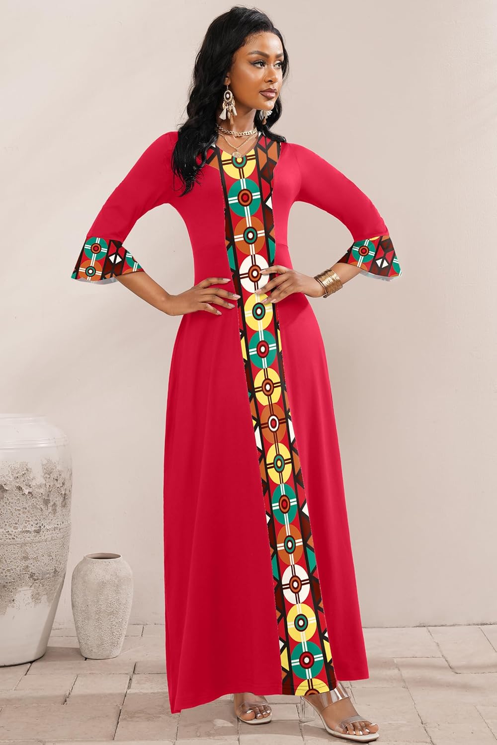 FANDEE Elegant Maxi Long V-Neck Casual Dress for Women, Bell Sleeve African Print Dresses for Cocktail Party（M-3XL） - Image 5