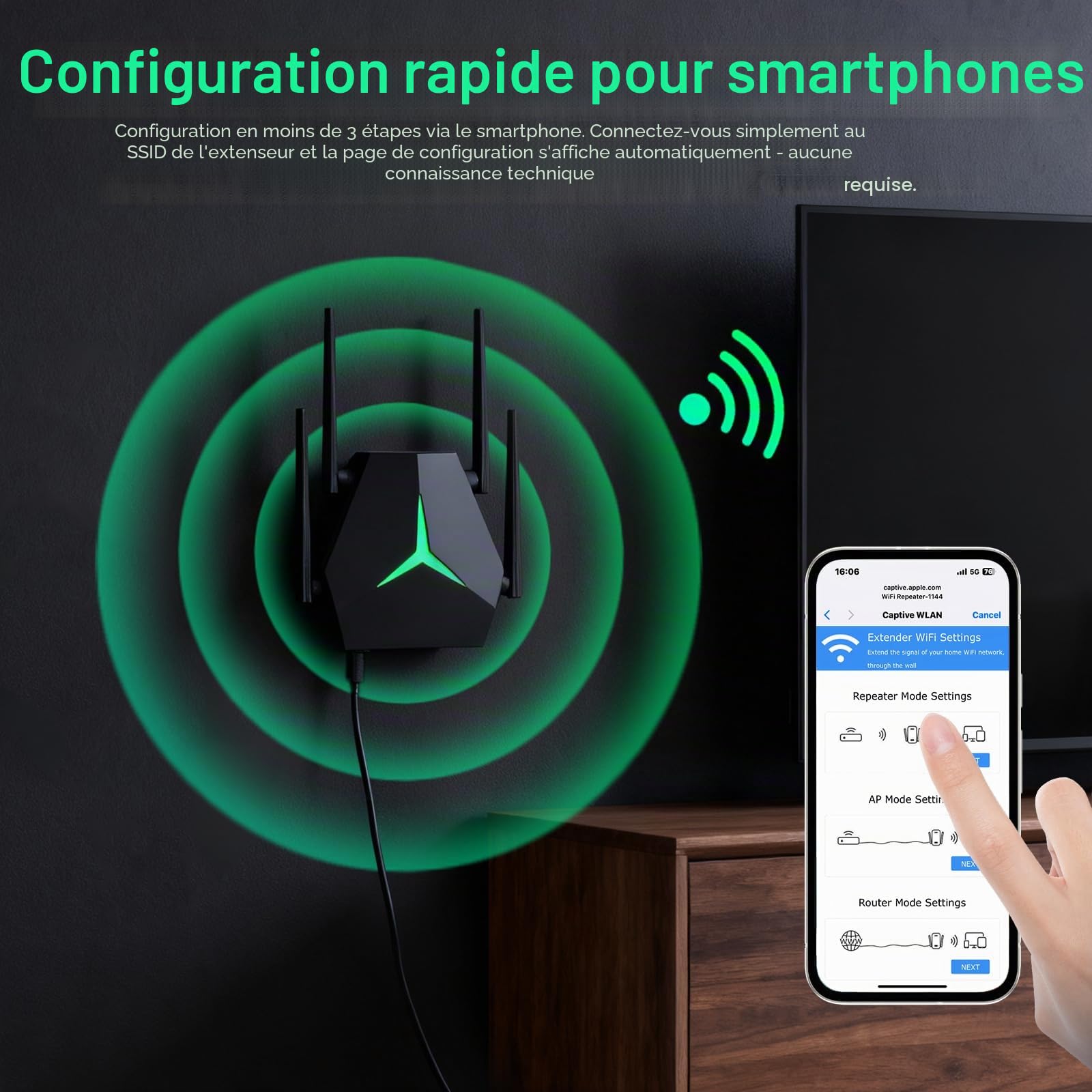 Répéteur WiFi, AC1200 Amplificateur de Signal WiFi Double Bande 2.4GHz et 5GHz, WiFi Extender Signal Booster avec 2 Port Ethernet, Jusqu'à 12000 Sq.ft (Noir)
