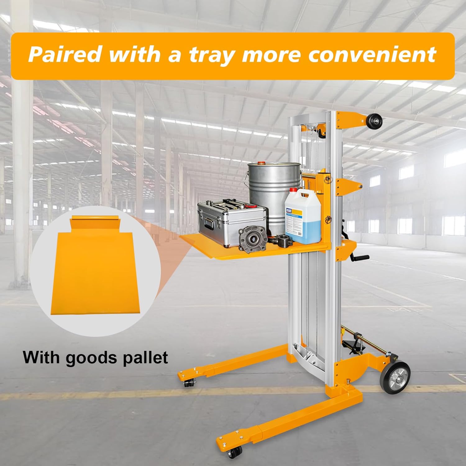 Material Lift Manual Winch Stacker Manual Forklift 122 Inch Lift Height 400lbs Load Capacity Pallet Stacker with Adjustable Width Lightweight Aluminum Alloy Material for Warehouses Factories
