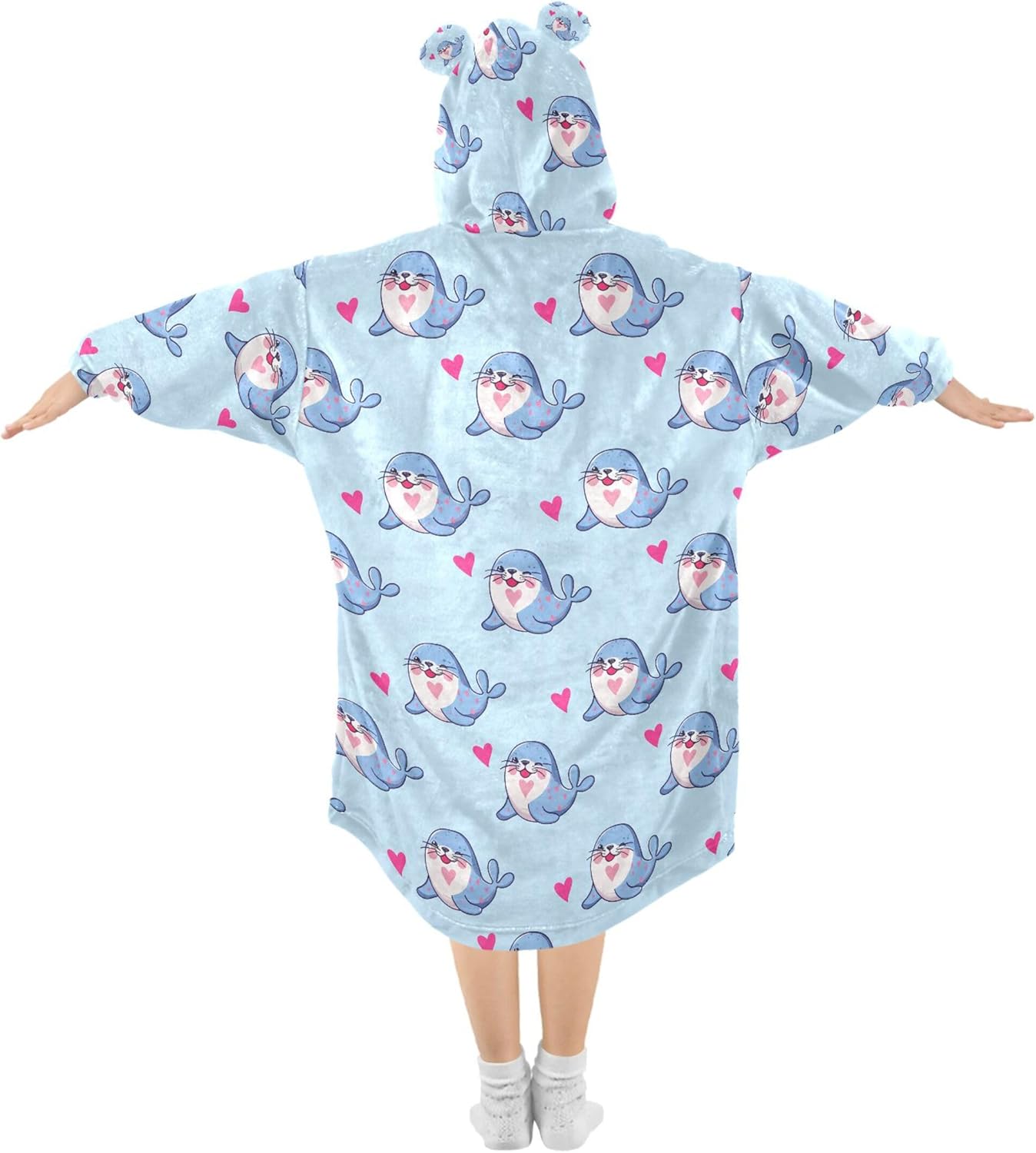 Cute Blue Seals Kids Wearable Blanket Hoodie with Pocket and Sleeves for Toddlers, Cute Hoodies 3-14 Year Girls Boys