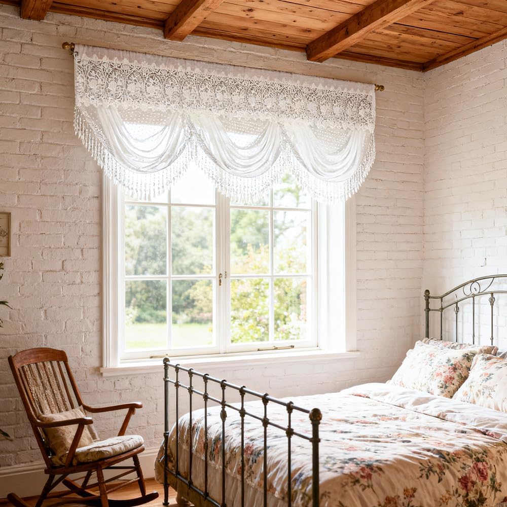 Elegant Floral Lace Waterfall Valance Curtains for Bedroom Luxury Sheer Valance Curtains for Living Room Victorian Style Swag Valance for Window Home Decor for Kitchen Rod Pocket (White,W75 L30 inch)