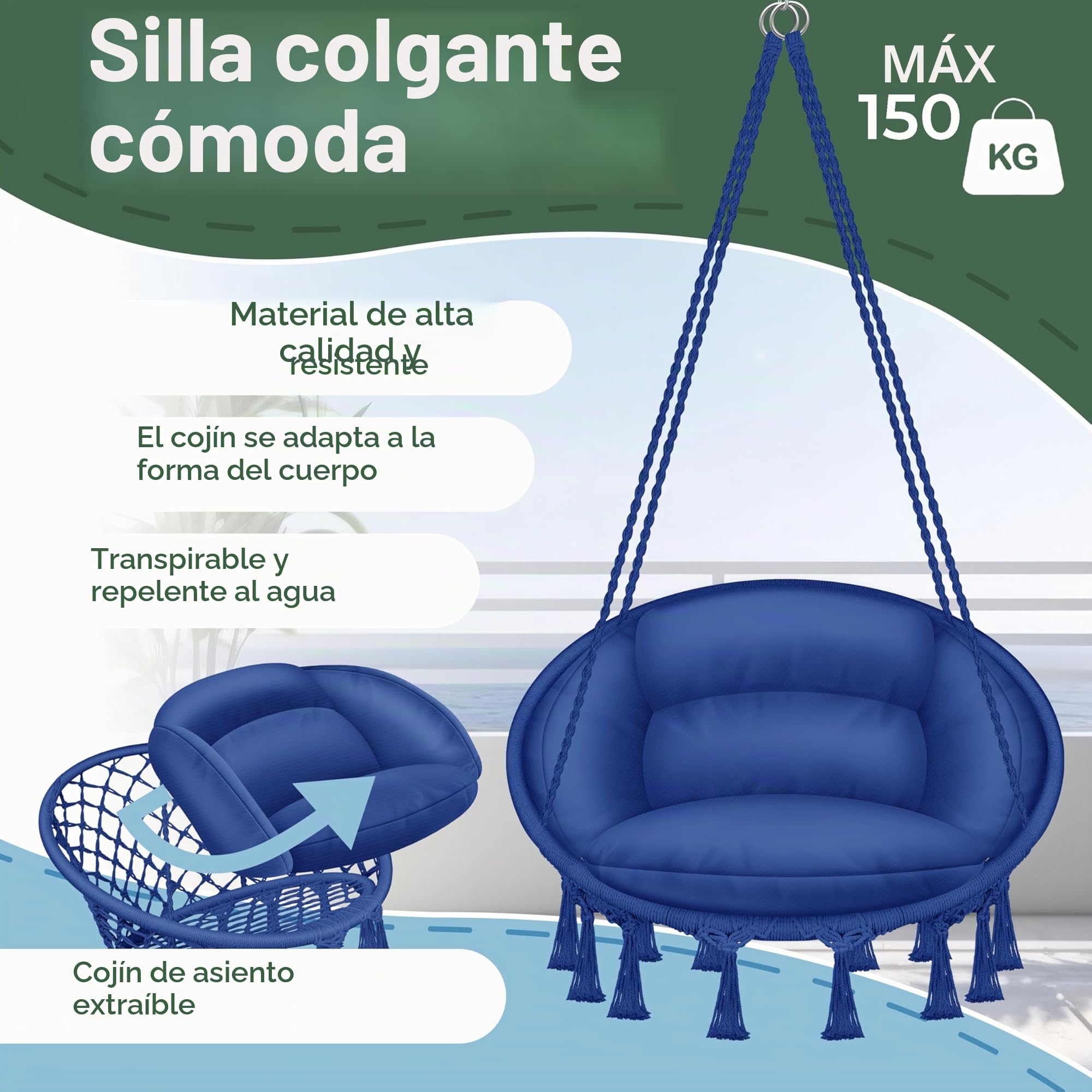 KESSER® Silla Colgante 150kg con 2 Anillas de Acero Cojín Trenzado Flecos Hamaca Columpio Cesta Colgante Jardín Interior Resistente a la Intemperie e Impermeable, Azul Marino