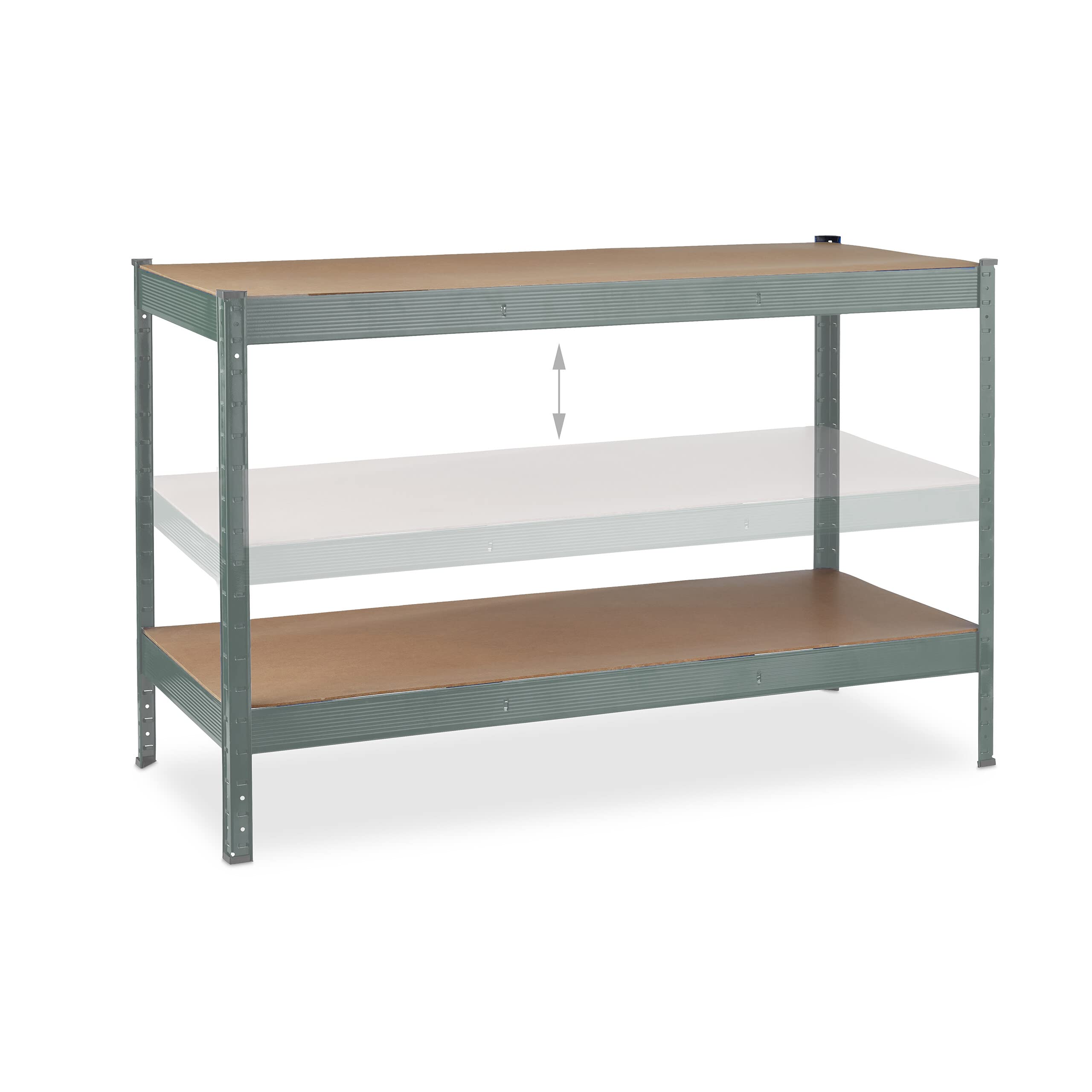 Relaxdays Banco da Lavoro Officina, Tavolo da Garage 2 Scaffali, Altezza Regolabile, Acciaio e MDF, 91x141x61 cm, Grigio