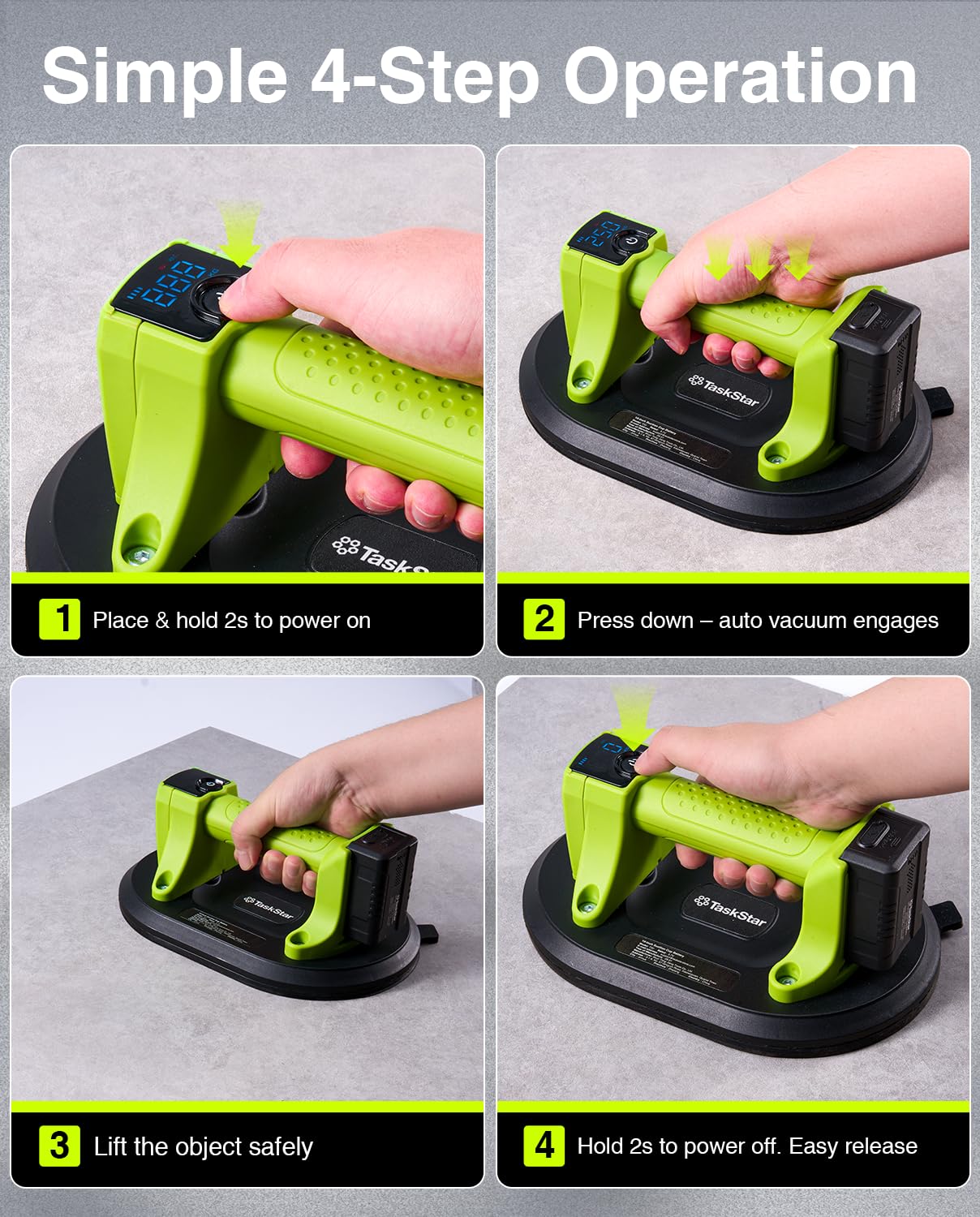 Taskstar Ventosa Elettrica: Ventosa a Batteria da 25cm per Piastrelle con 4x Batteria da 3000mAh - Carico verticale 250 kg - Display LCD, Sollevatore a Vuoto Senza Fili per Piastrelle (Verde)