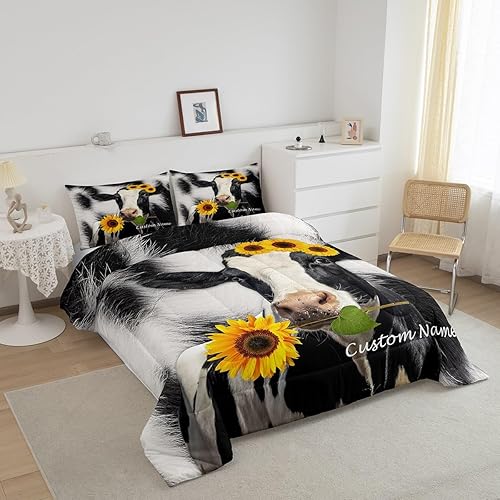Miniatura 2 de Erosebridal Juego de edredón personalizado de vaca de las tierras altas, juego de ropa de cama con estampado de vaca negra y blanca para niños,