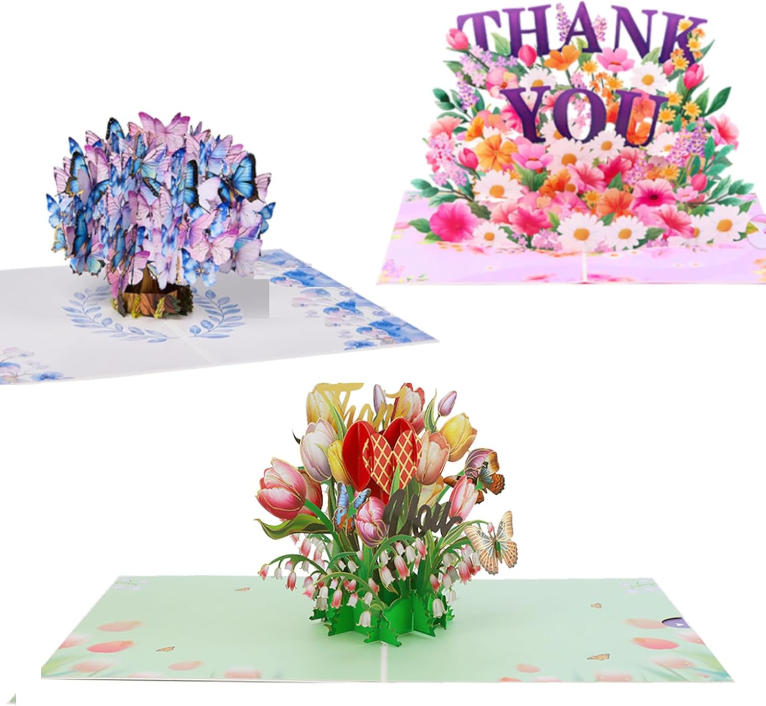 Floral 3-Pop-Up Card Collection - All-Occasion Greeting Cards Set for Women: Tulip, Butterfly Tree & Blossom Thank You - Teacher/Mom Gift (7.87x5.91")