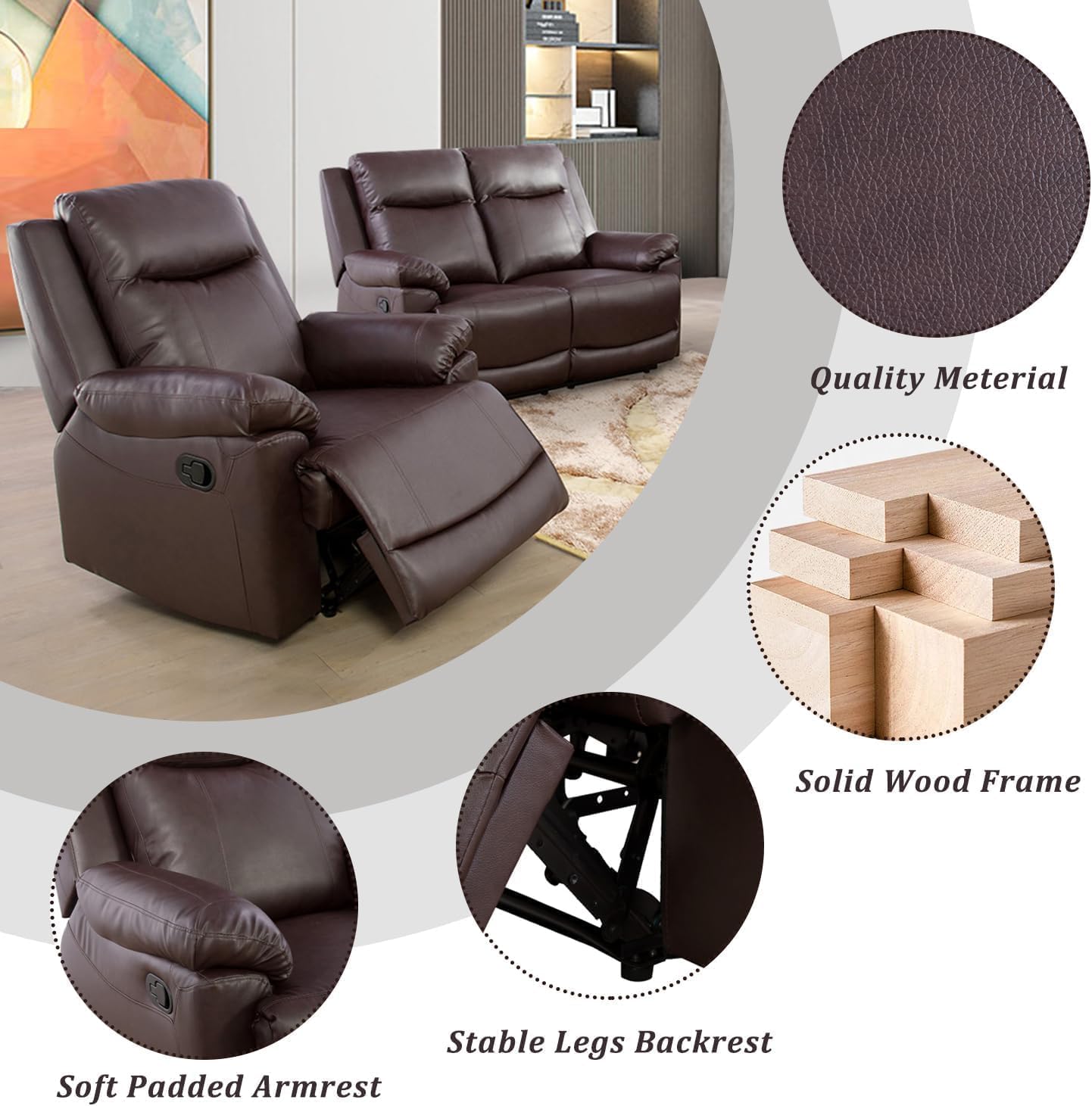 3 piece Reclining Living Room Set, Brown Leather Couch with 5 Recliners, Leather Reclining Living Room Furniture Set, Manual Recliner Sofa Set for Living Room