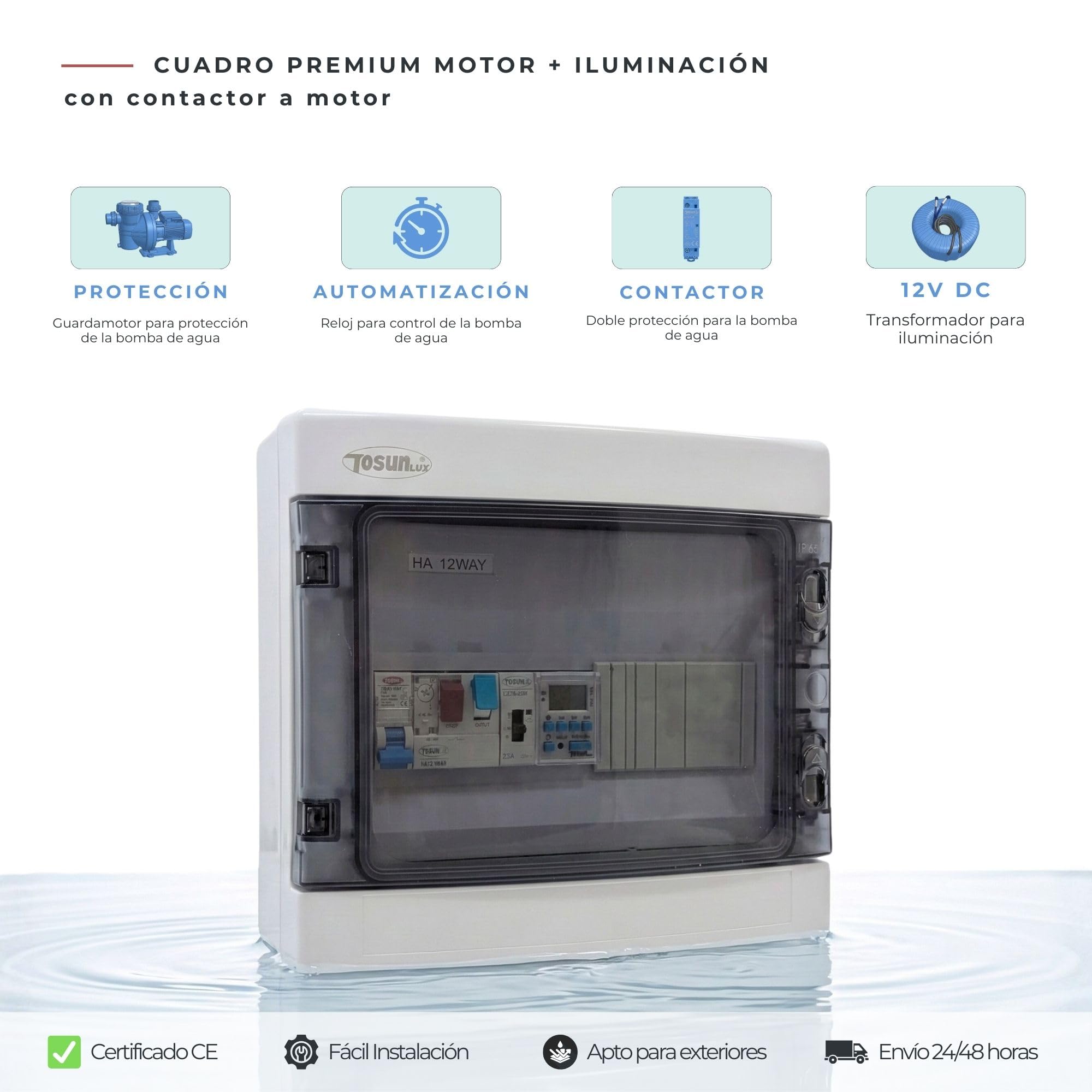 Cuadro Eléctrico Alta Resistencia para Piscina Iluminación y Motor | Guardamotor y Transformador | Sin Controlador | Contactor para Motor | 60W 12DC | Bomba de agua 0,5CV 2,5-4A