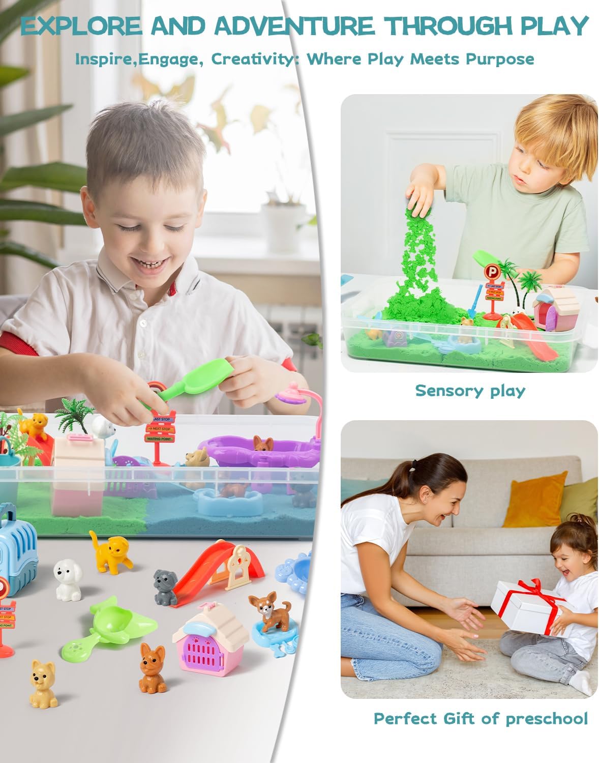 sikmcle 36 PCS Pet Sensory Bin with 2 Color of Moldable Sensory Sand,Pet Play Set and Sandbox with Lid,Pet Care Play Set for Kids Best Christmas Birthday Gift for Boys Girls 3 4 5 6 7 Year Old - Image 5
