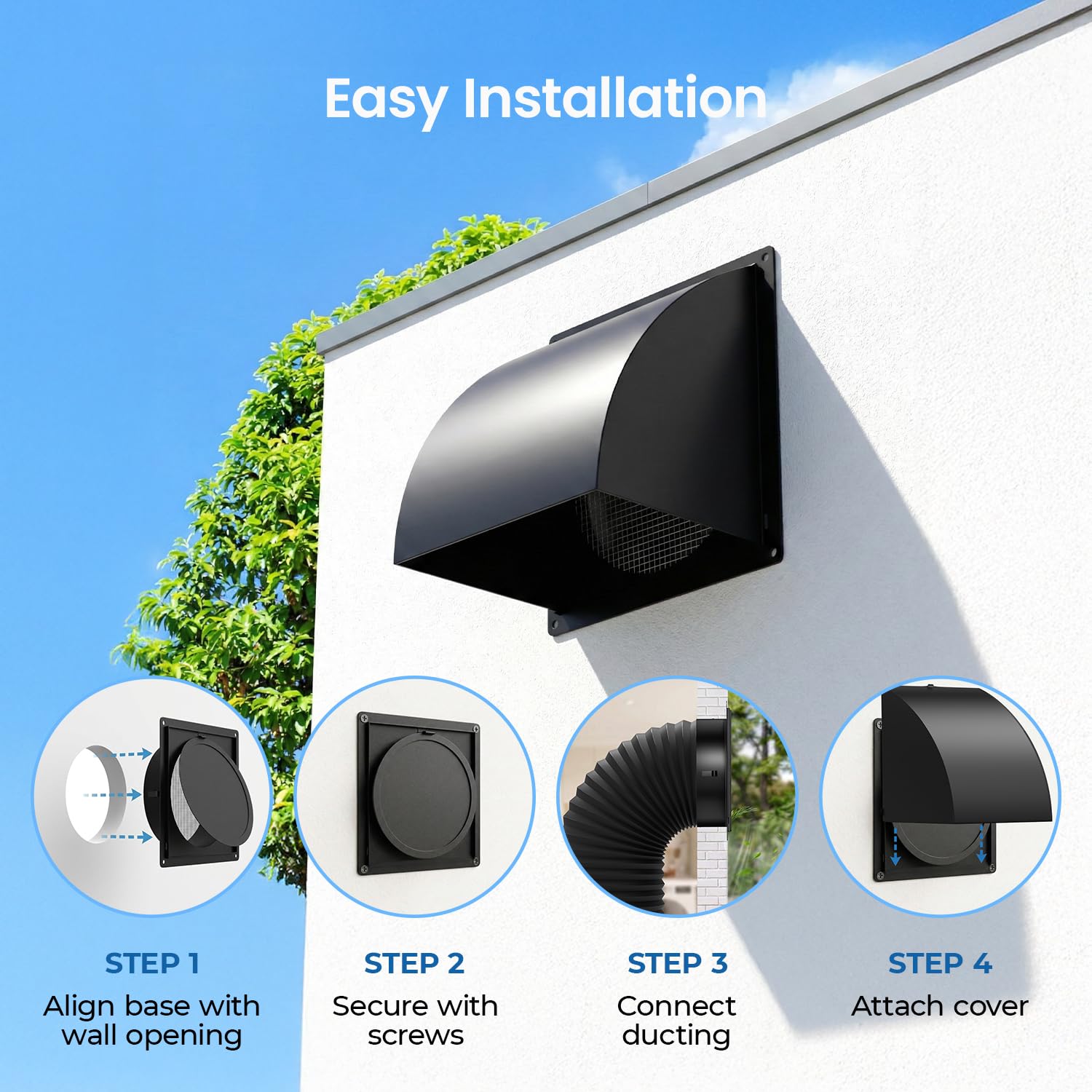 4 Inch Metal Dryer Vent Cover Outside, Heavy Duty Iron Exhaust Hood with Internal Damper, Detachable Cover & Fixed Mesh Screen for Dryer, Kitchen, HVAC, Black — view 4