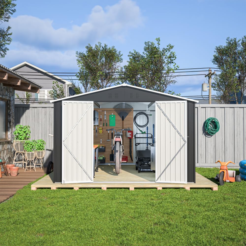 10x12 FT Outdoor Storage Shed, Large Metal Utility Garden Shed with Lockable Doors & Reinforced Frame for Backyard, Patio, Lawn Tools, Black