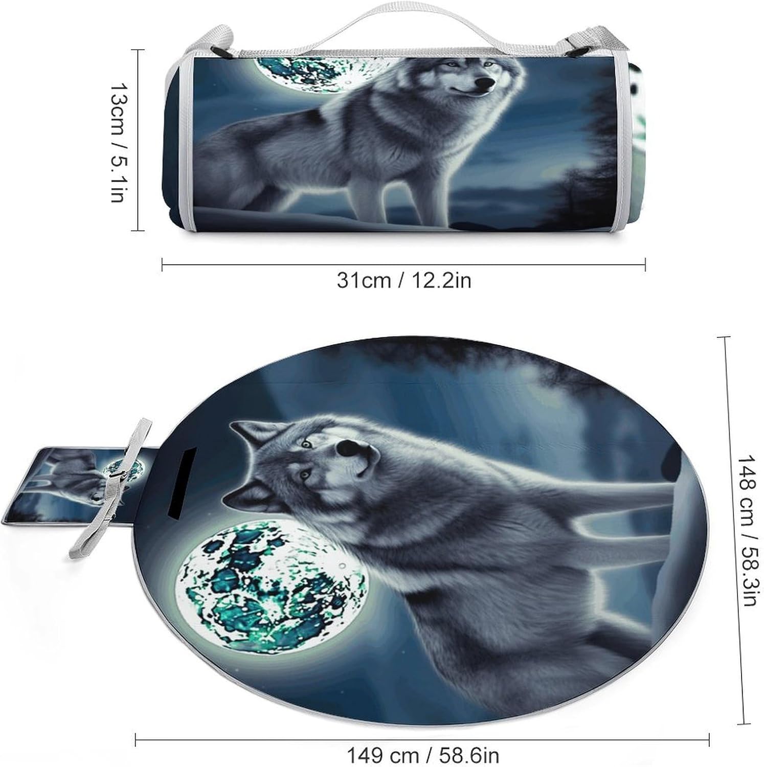 Wolf Under Moon Picnic Mat Lightweight Waterproof Picnic Blankets Extra Large Picnic Outdoor Blankets Foldable Sandproof Beach Blanket for Park Beach Camping Courtyard 58.3''x58.3''
