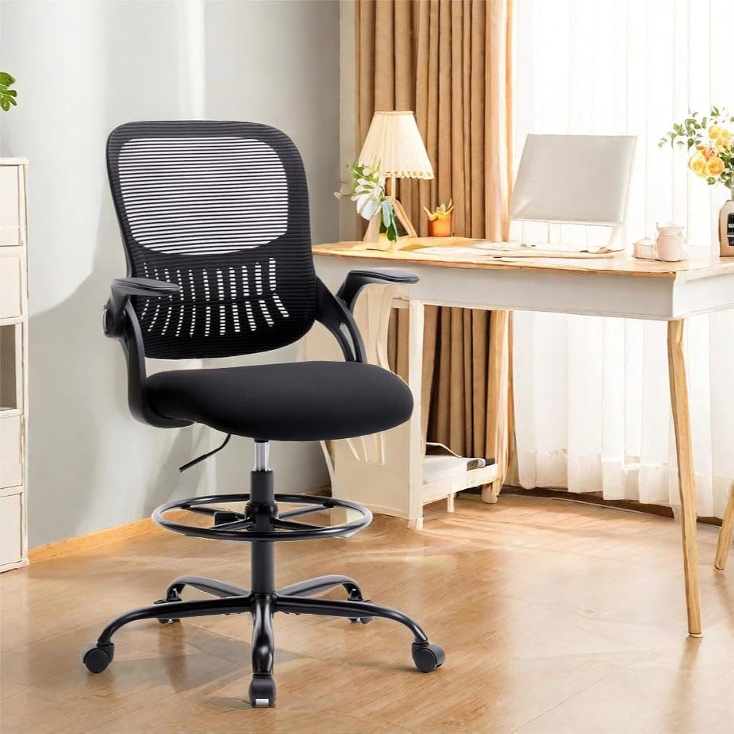 Ergonomic Office Chair w/Flip-up Arms, Drafting Standing Desk w/Mid-Back Mesh Adjustable footrest Ring Computer Chairs for Bar, Lab, Work, Pink/Fixed Handrail