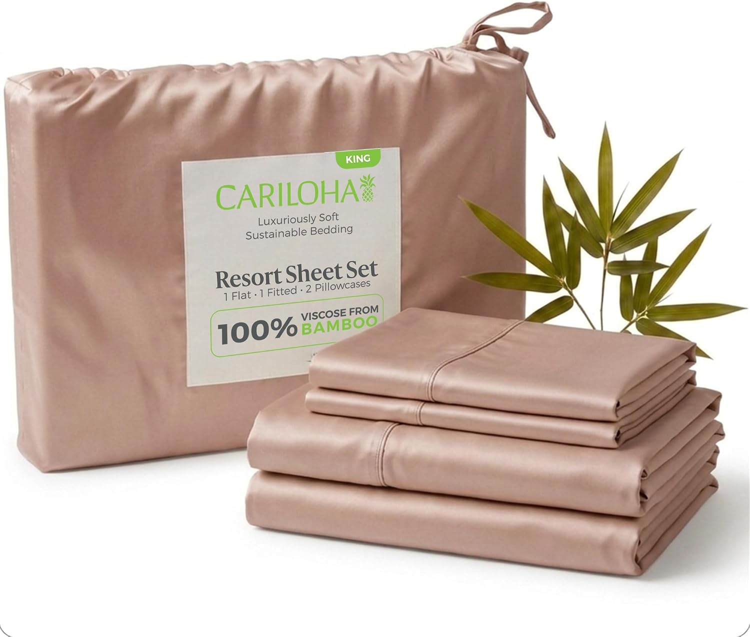Cariloha Resort 4-Piece Sateen Sheet Set | Blush | King | Viscose Material | Allergy Resistant, Naturally Thermal-Regulating, Extra Soft Cooling Sheets for Hot Sleepers
