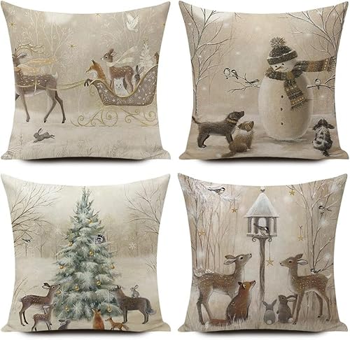 HUASHUZI Christmas Cushion Covers Xmas Decorations Throw Pillow Cover Winter Animal Snowman Grey Set of 4 Christmas Decor For Sofa Living Room Home 18x18 Inch 45x45cm