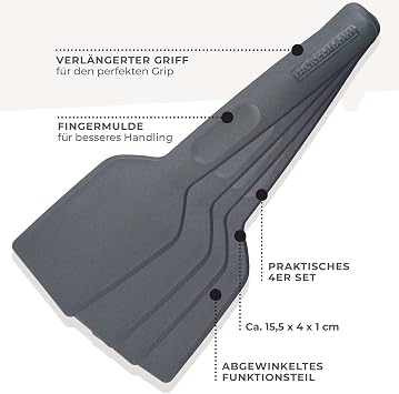 flackelmann statement spatula for raclette set of 4 - scraper with ergonomic handle and thumb recess - raclette slider in practical pack of 4 - approx. 15.5 x 4 x 1 cm gray