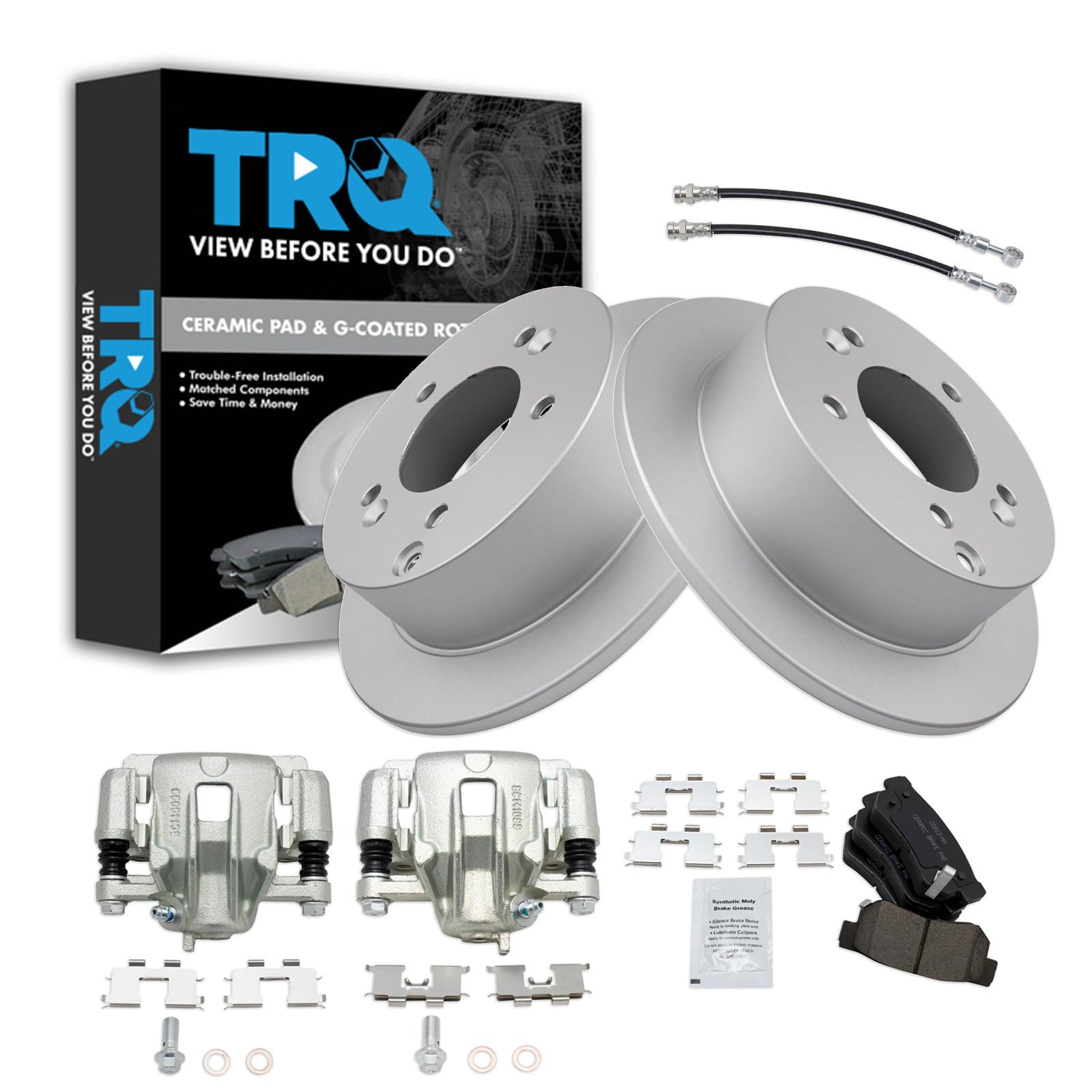 TRQ Rear Brake Pad and Rotor Set Ceramic G Coated Rotors Calipers Compatible with 2006-2007 Hyundai Sonata 2008 Sonata To 2 28 07 Production Date
