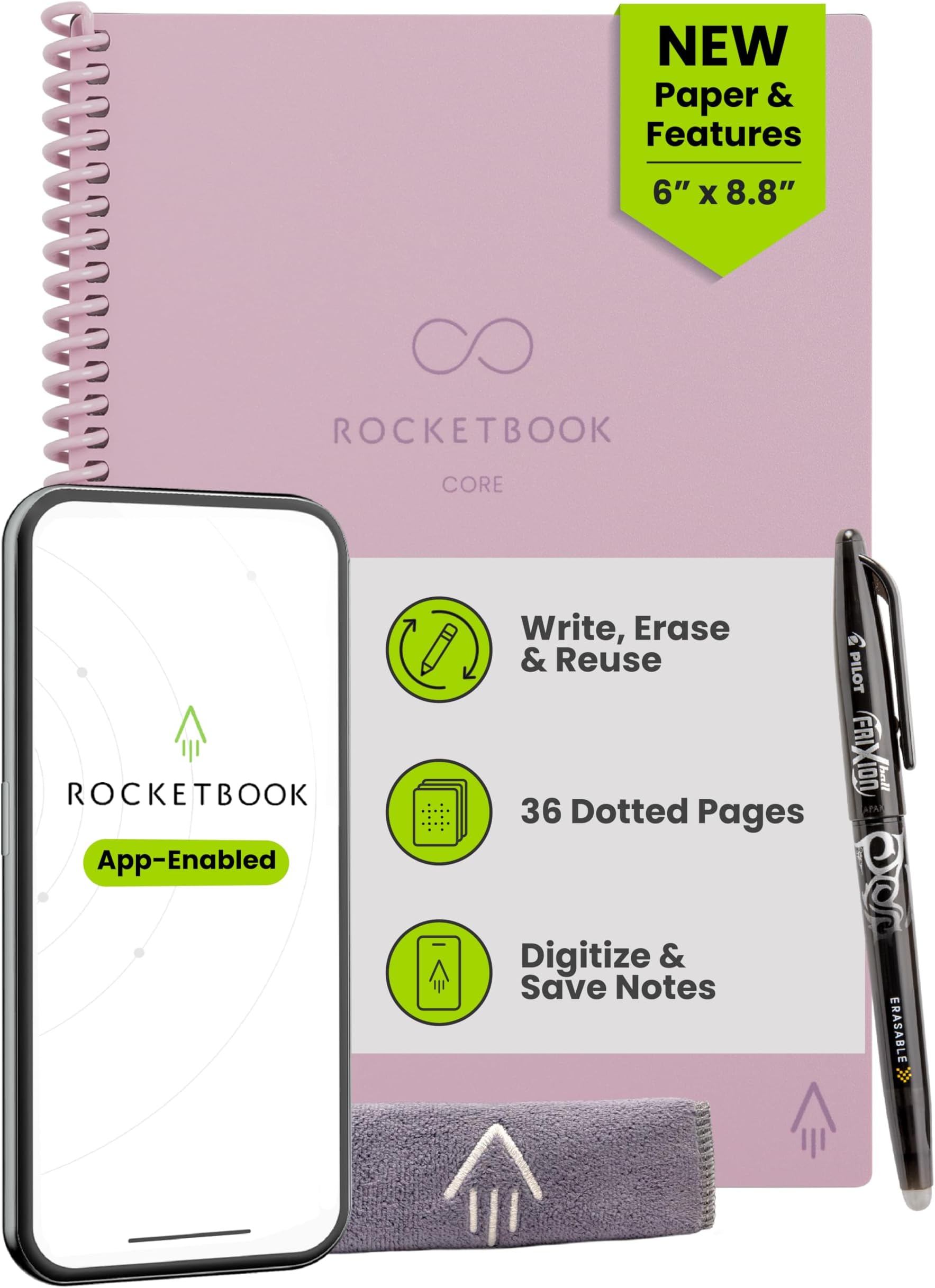 New Core Reusable Spiral Notebook, Letter Size 8.5x11, Pink - Dotted Pages, App-Connected, Erasable, Durable Cover, Ideal for School, Work, and Creative Projects