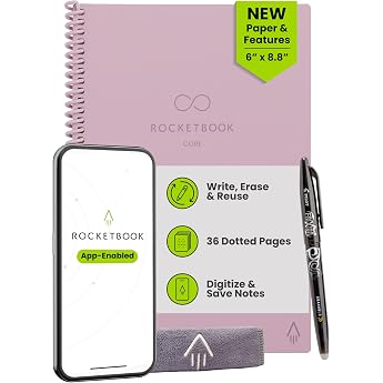 Rocketbook New Core Reusable Spiral Notebook Executive Size 6 x 8.8 Inch Pink - Polka Dot Pages App Connected Erasable Durable Cover Ideal for School Work and Creative Projects