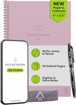 Rocketbook New Core Reusable Spiral Notebook, Executive Size, 6 x 8.8 Inches, Pink - Dotted Pages, Connect Apps, Erasable Durable Cover, Great for School, Work, and Creative Projects |