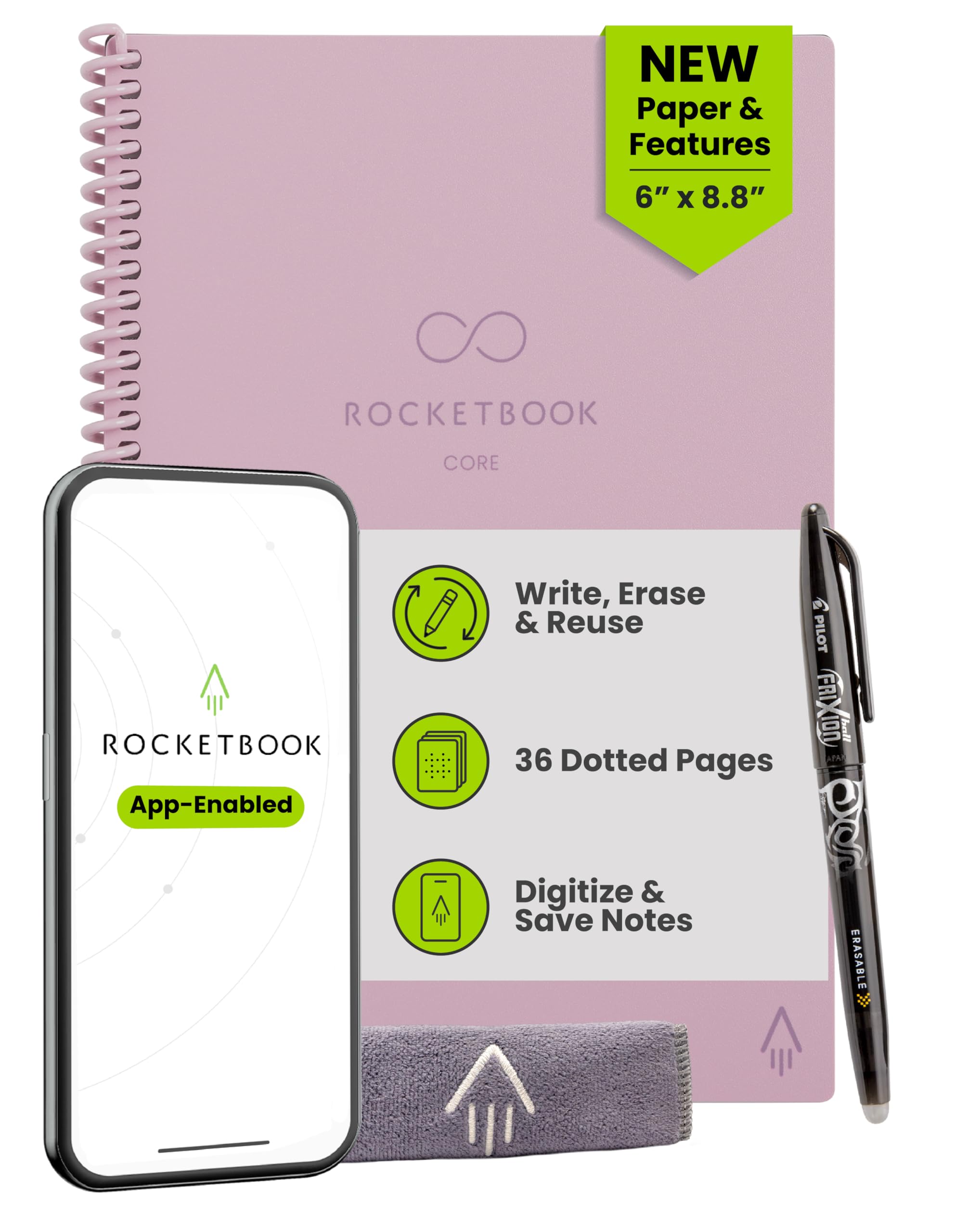Rocketbook Core Reusable Smart Notebook, Dot Grid Pages For School, Work and Creative Projects, Letter Size 8.5x11, Pink - Premium