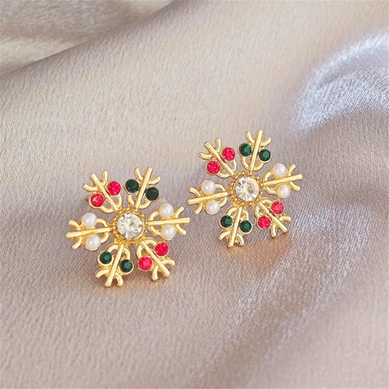 Christmas Snowflake Small Stud Earrings Gold Plated Elegant Frozen Ice Flower Simulated Pearls Chic Red Green Crystal Rhinestone Earrings for Women Minimalist Xmas New Year Winter Holiday Fashion Jewelry - Image 5