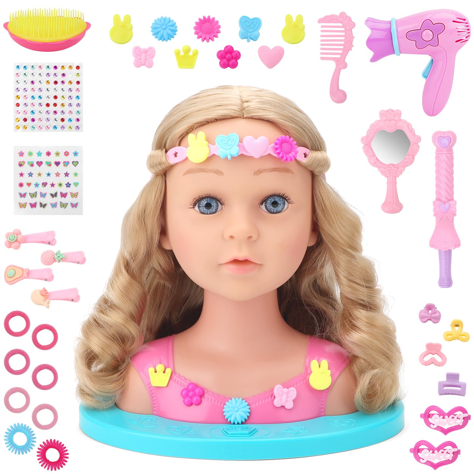 deAO Muñeca para Peinar, Juguete De Cabeza De Estilo con Luces, Muñeca para Peinar y Maquillar con Accesorios, Princess Make-Up and Hairdressing Head, Set Peluqueria Juguete Niña