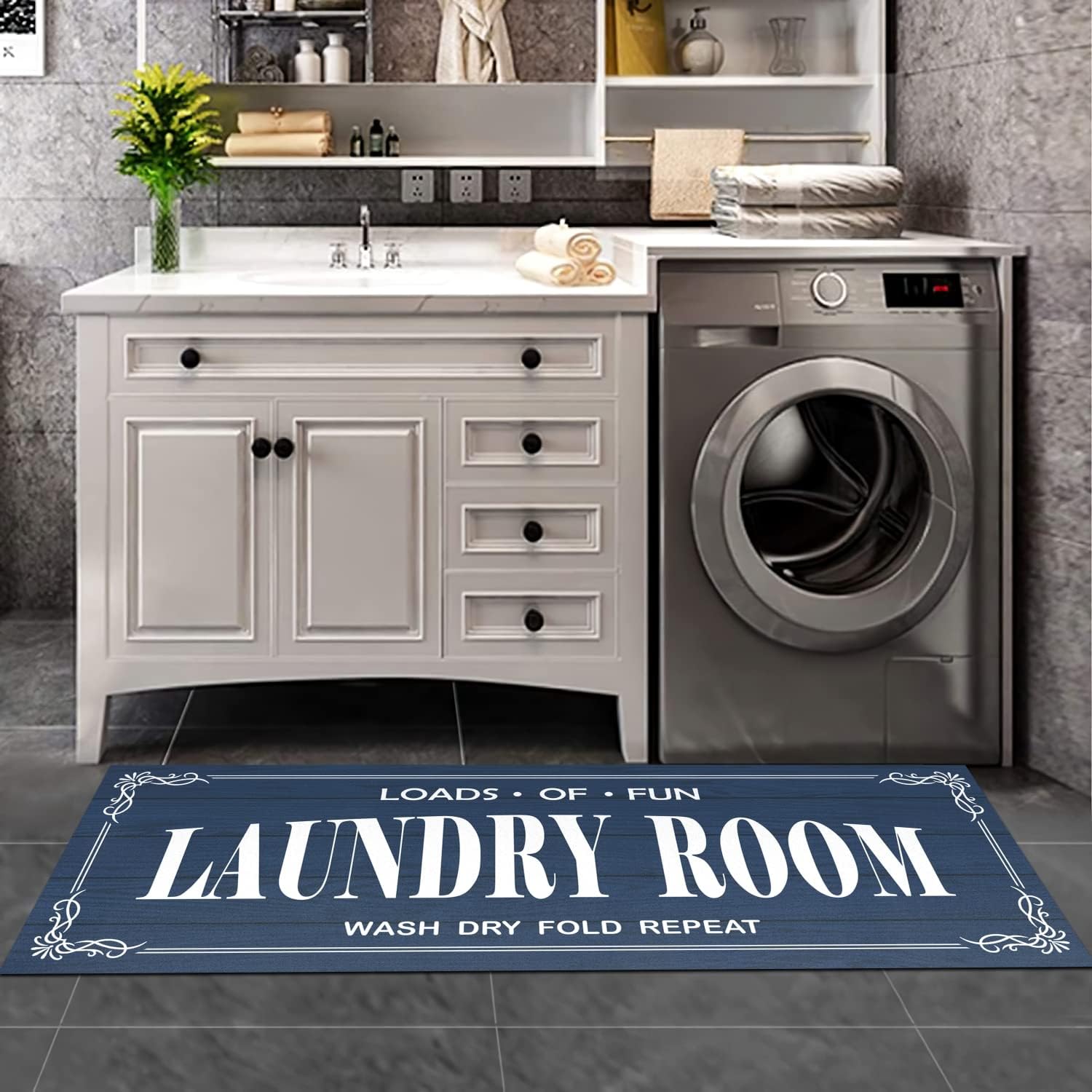 Non Slip Laundry Mats, Washable Runner, Blue, 17"x47"