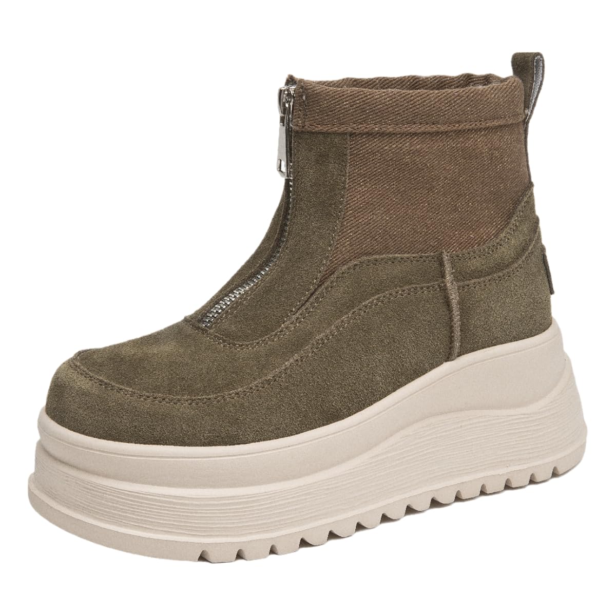 Chunky-soled combat boots with suede uppers and side zipper closures available in leopard print olive green navy blue