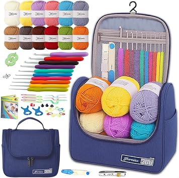 Yarniss Crochet Kit for Beginners,All in One Crochet Kits with 840 Yards Crochet Yarn,Ergonomic Crochet Hooks Set with Yarn for Adults,Navy
