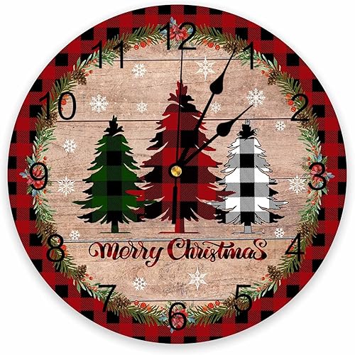 Reloj de pared de PVC silencioso de Navidad de 10 pulgadas, reloj de pared redondo de búfalo rojo y negro a cuadros, árbol de Navidad, copo de