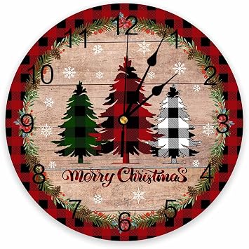 Christmas Silent Wall Clock, 14 Inch Red Black Buffalo Plaid Round, Battery Operated, Xmas Snowflake Pine Tree Design