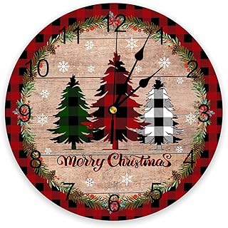 Christmas Silent PVC Wall Clock 10 Inch Red Black Buffalo Plaid Round Wa...