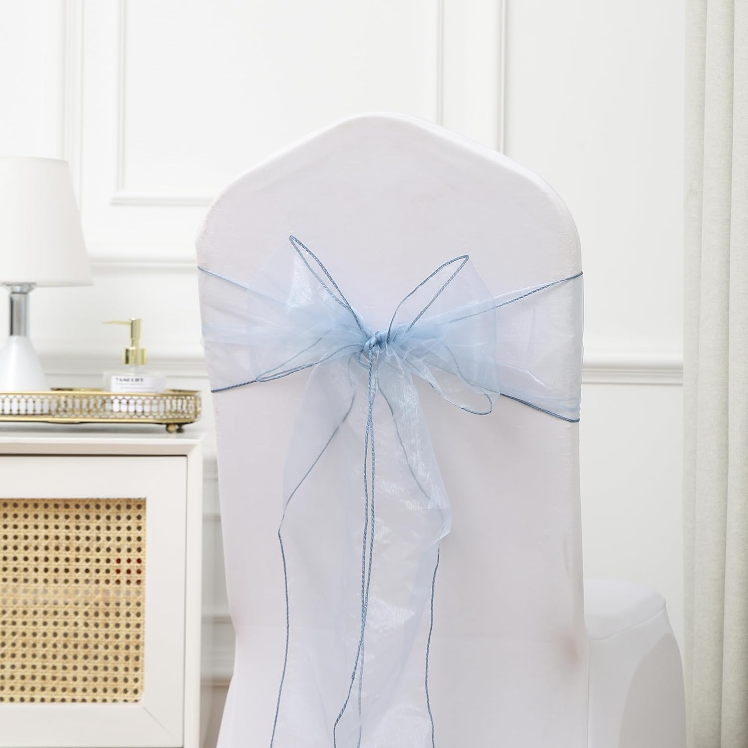 Tulle Dusty Blue Chair Sashes 50 Pack Organza Chair Bows for Wedding Sheer Chairs Ties for Party Banquet Restaurant Anniversary Christmas Events Decorations