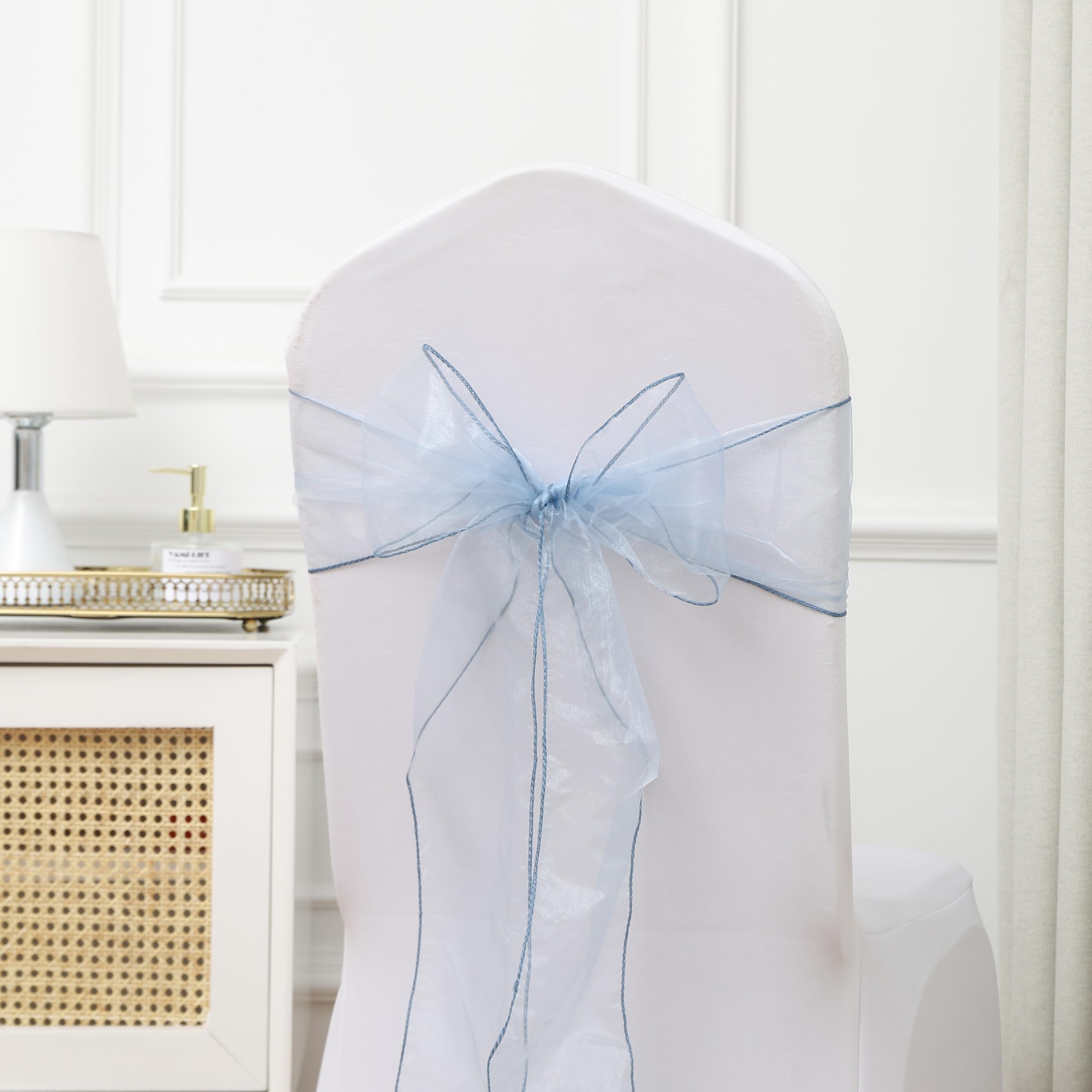 Tulle Dusty Blue Chair Sashes 50 Pack Organza Chair Bows for Wedding Sheer Chairs Ties for Party Banquet Restaurant Anniversary Christmas Events Decorations