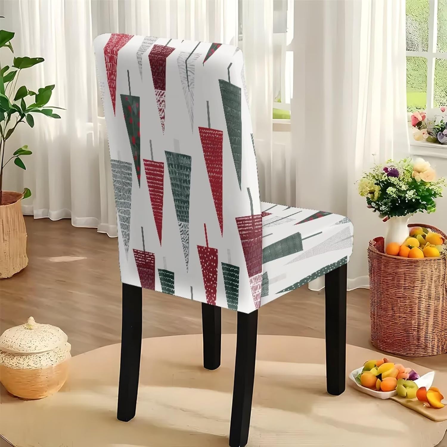 5 Pack Table Cloth Rectangle Table and Dining Room Chair Cover Set, Dust Proof Anti-Wrinkle Tablecloths Comfy Chair Seat Slipcovers for Kitchen Decor, Geometric Christmas Tree Print