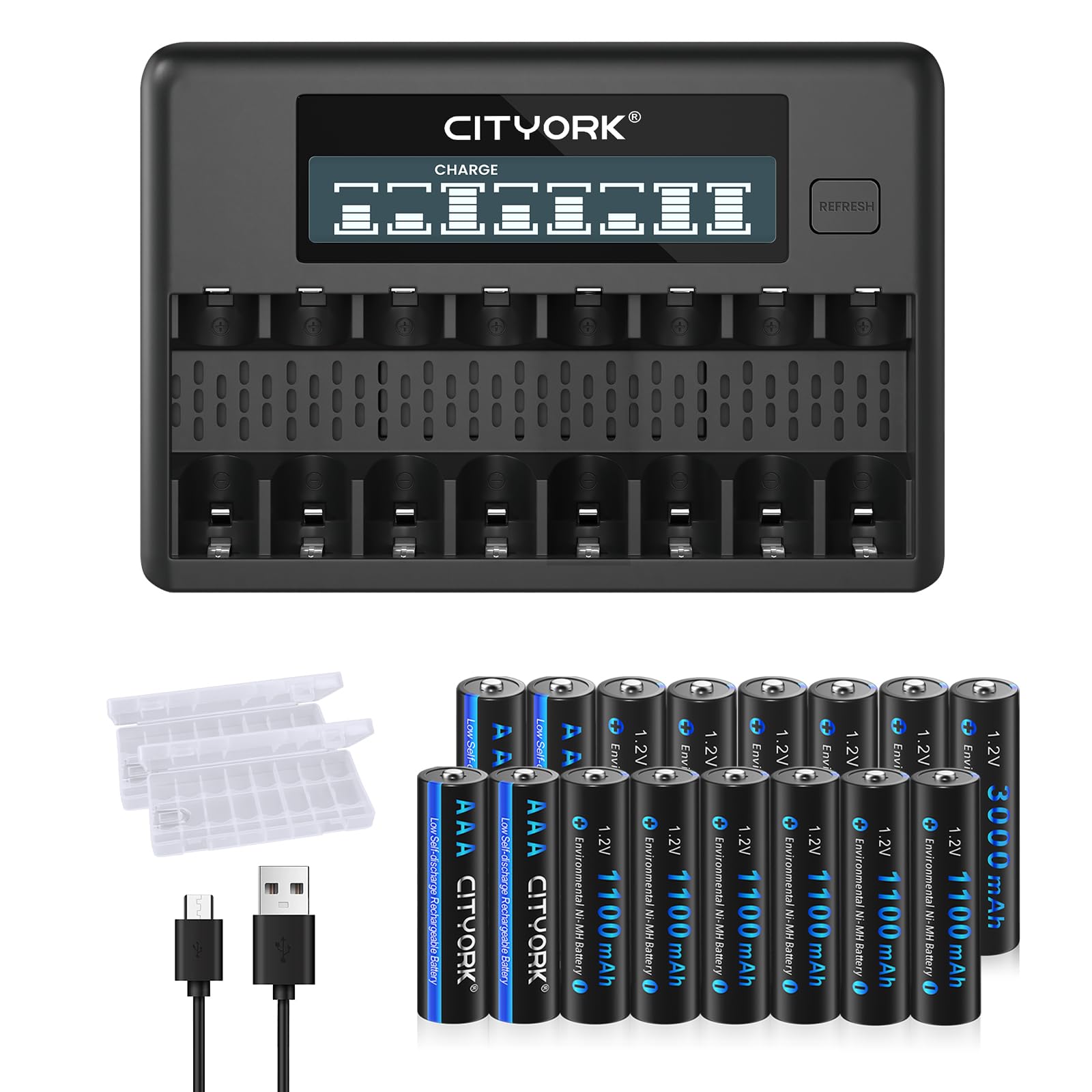CITYORK Lot de 8 piles AA AAA rechargeables avec chargeur, lot de 8 piles AA-3000 mAh et lot de 8 piles AAA1100 mAh avec chargeur intelligent LCD à 8 baies pour piles rechargeables 1,2 V AA/AAA NiMH