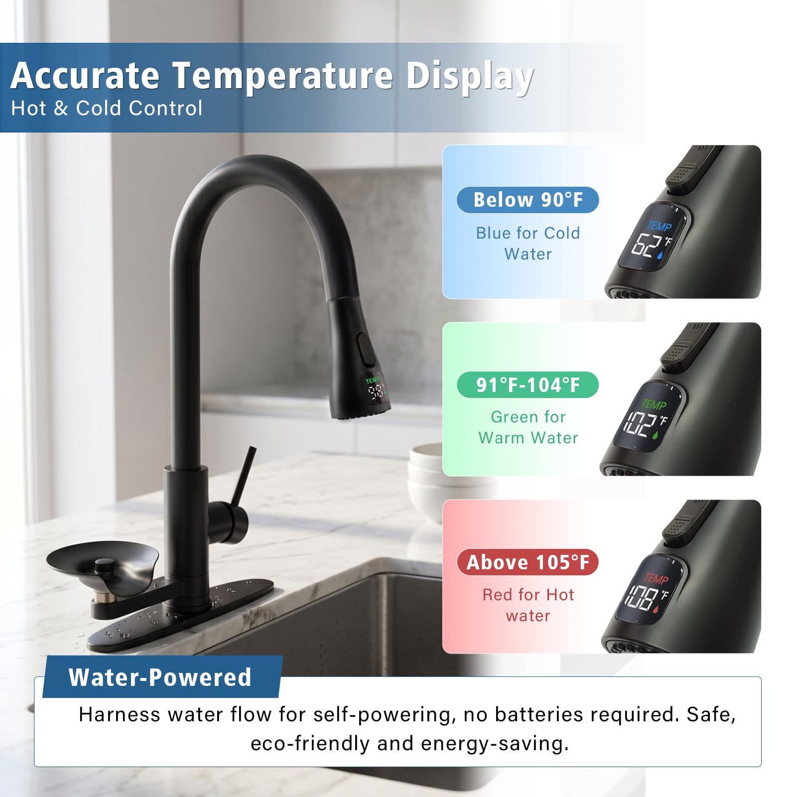 Tête de pulvérisation de rechange pour robinet d'évier de cuisine, affichage LED sensible à la température, buse de robinet extractible (noir mat)