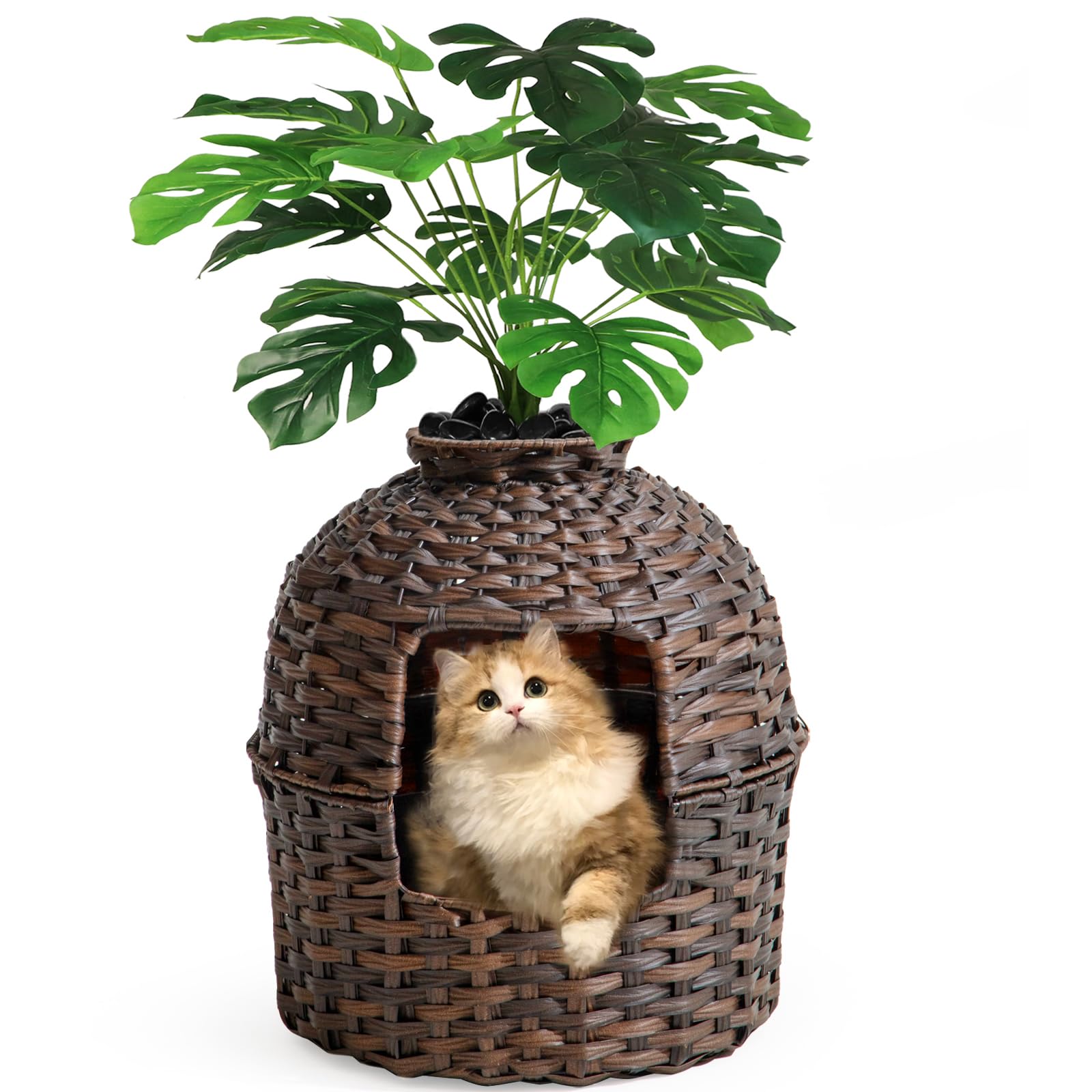 SETVSON Cat Litter Box Plant Furniture Enclosure, Hidden Handwoven Rattan with Cat Litter Box and Artificial Plants, Odor Control Filter, Real Stones