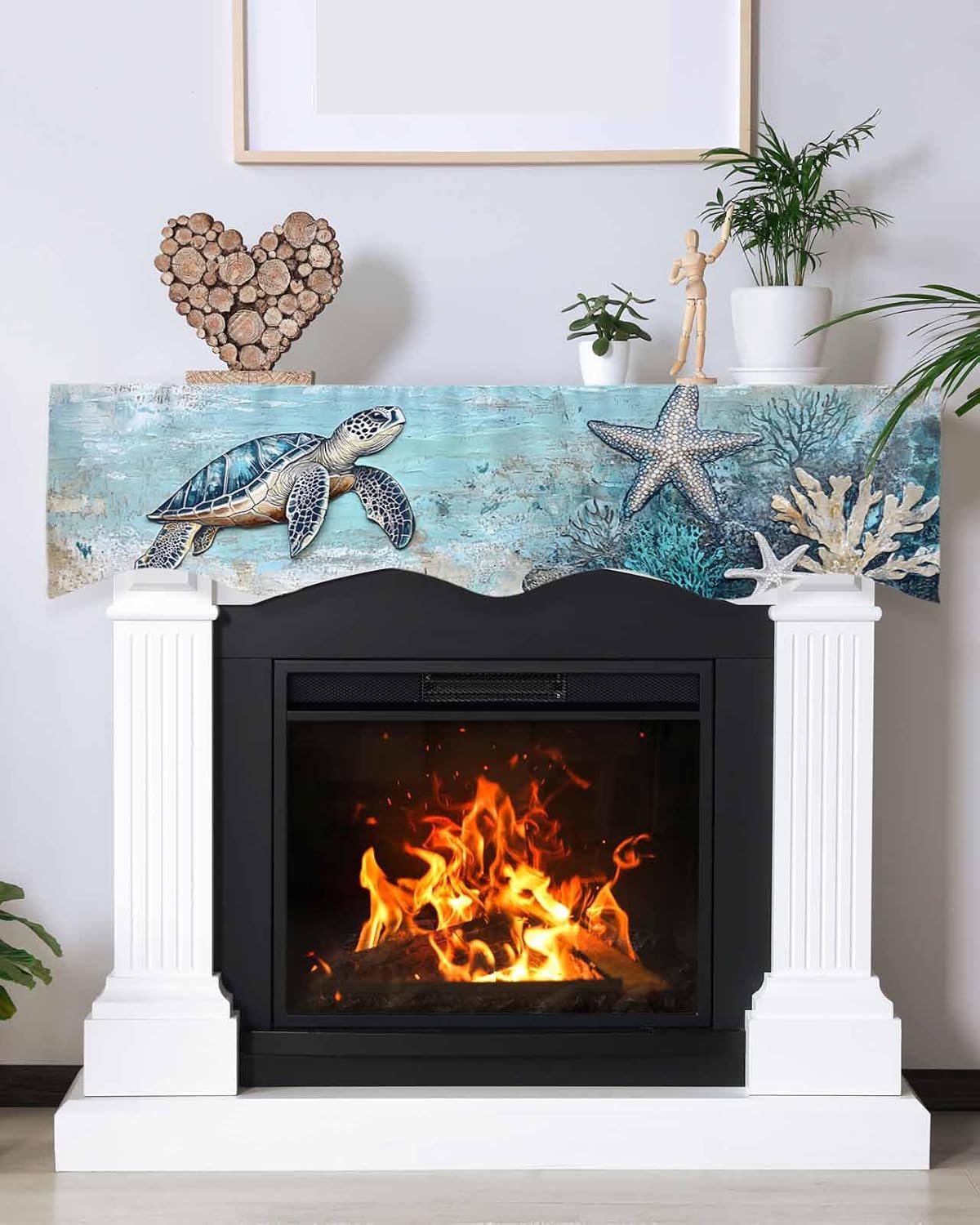 Sea Turtle Mantel Scarf for Fireplace Ocean Coral Starfish Mantel Cover Summer Abstract Ocean Style Fireplace Top Scarf Runner for Holiday Living Room Home Decoration 70 x 17 Inches