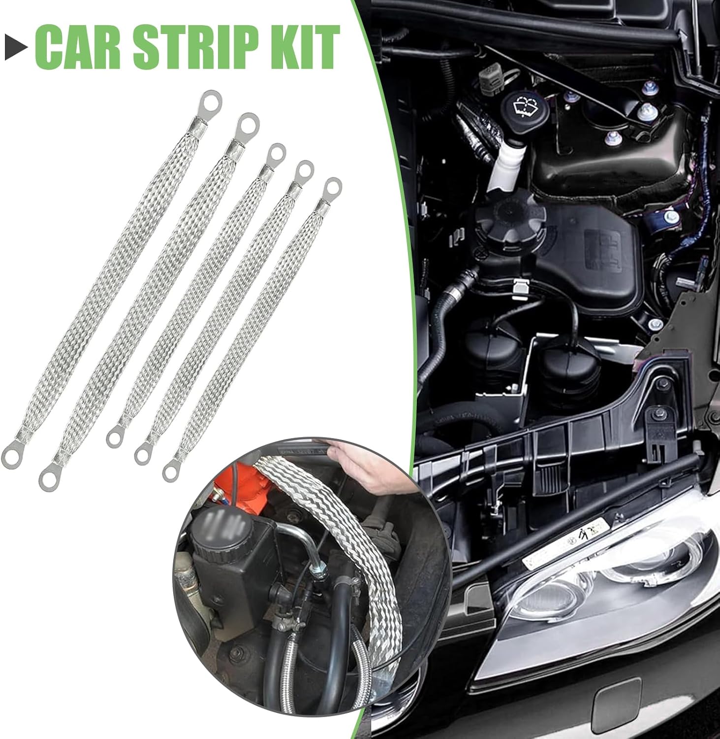 leechio 5 PCS Car Ground Strap, Copper Braided Vehicle Grounding Strap Connector, Universal Car Engine Ignition Coil Ground Strap Kit, Universal for Most Cars (Silver)