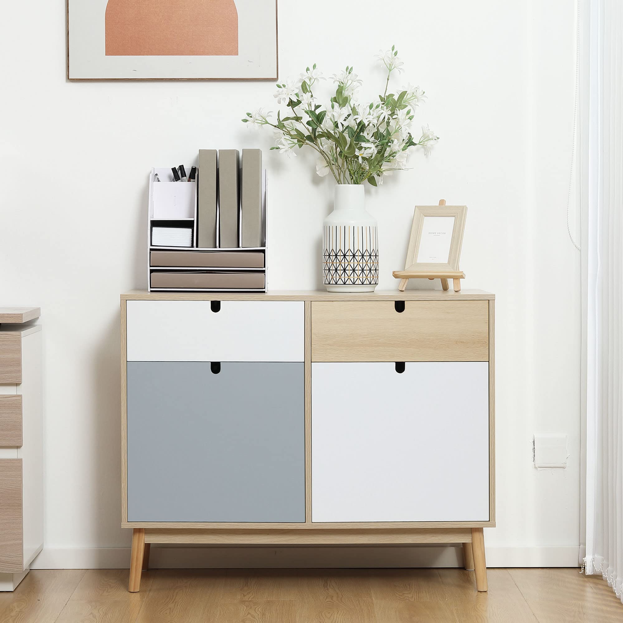 HOMCOM Mobiletto Multiuso Stile Nordico, Armadietto Due Ante con Cassetti per Cucina e Ingresso, 100x40x79.5cm, Multicolore