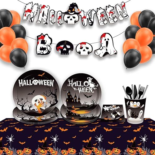 Miniatura 6 de Suministros para fiesta de Halloween, decoraciones de Halloween, juego de barbacoa, incluye platos desechables, platos de postre, vasos, servilletas