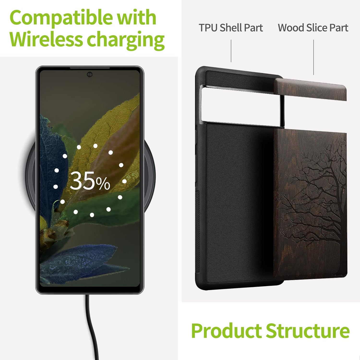 Carveit Wood Case for Pixel 8 - Natural Wood & Black Soft TPU Shockproof Protective Cover - Unique Wooden Case - Compatible with Google Pixel 8 (Eternal Tree-Blackwood)