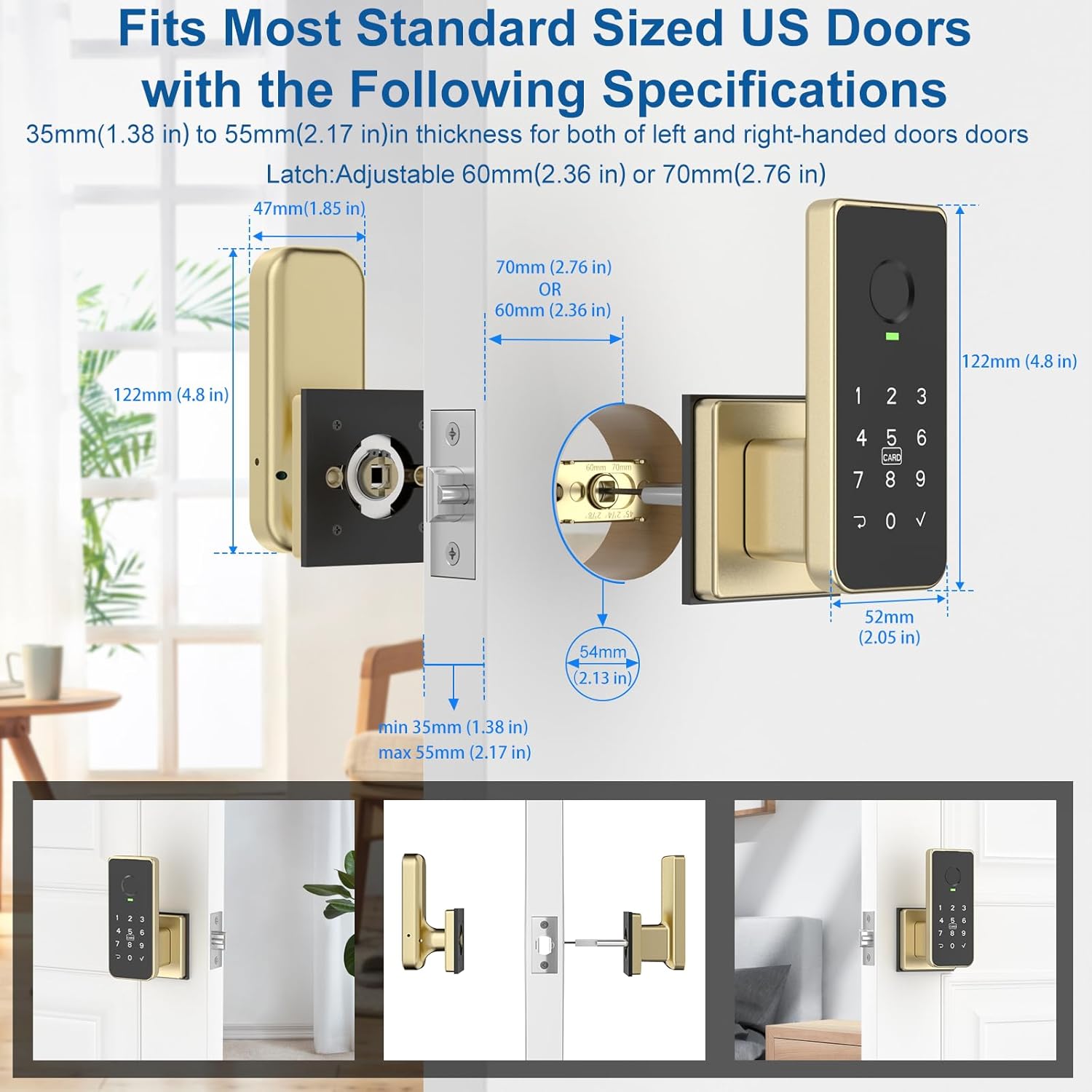 Foxgard Fingerprint Door Lock – 5-in-1 Biometric Smart Lock with Keypad, App Control, Key, Auto-Lock, Electronic Anti-Lock – Keyless Entry for Bedroom, Office, Indoor Use – Gold