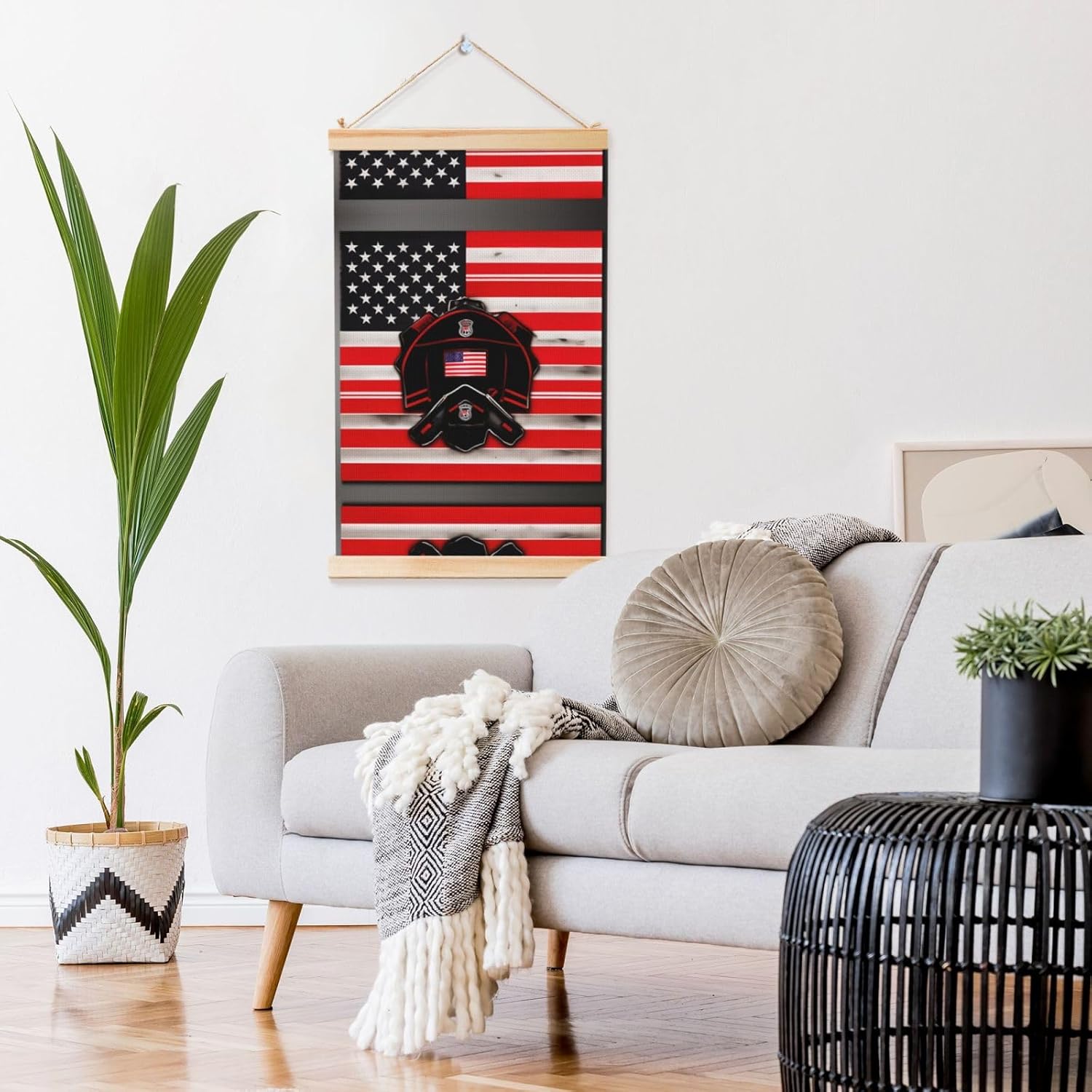 Red Line Firefighter Usa Flag Print Poster Hanger,Hanging Poster, Poster Frame,Wood Poster Hanger, For Wall Hanging