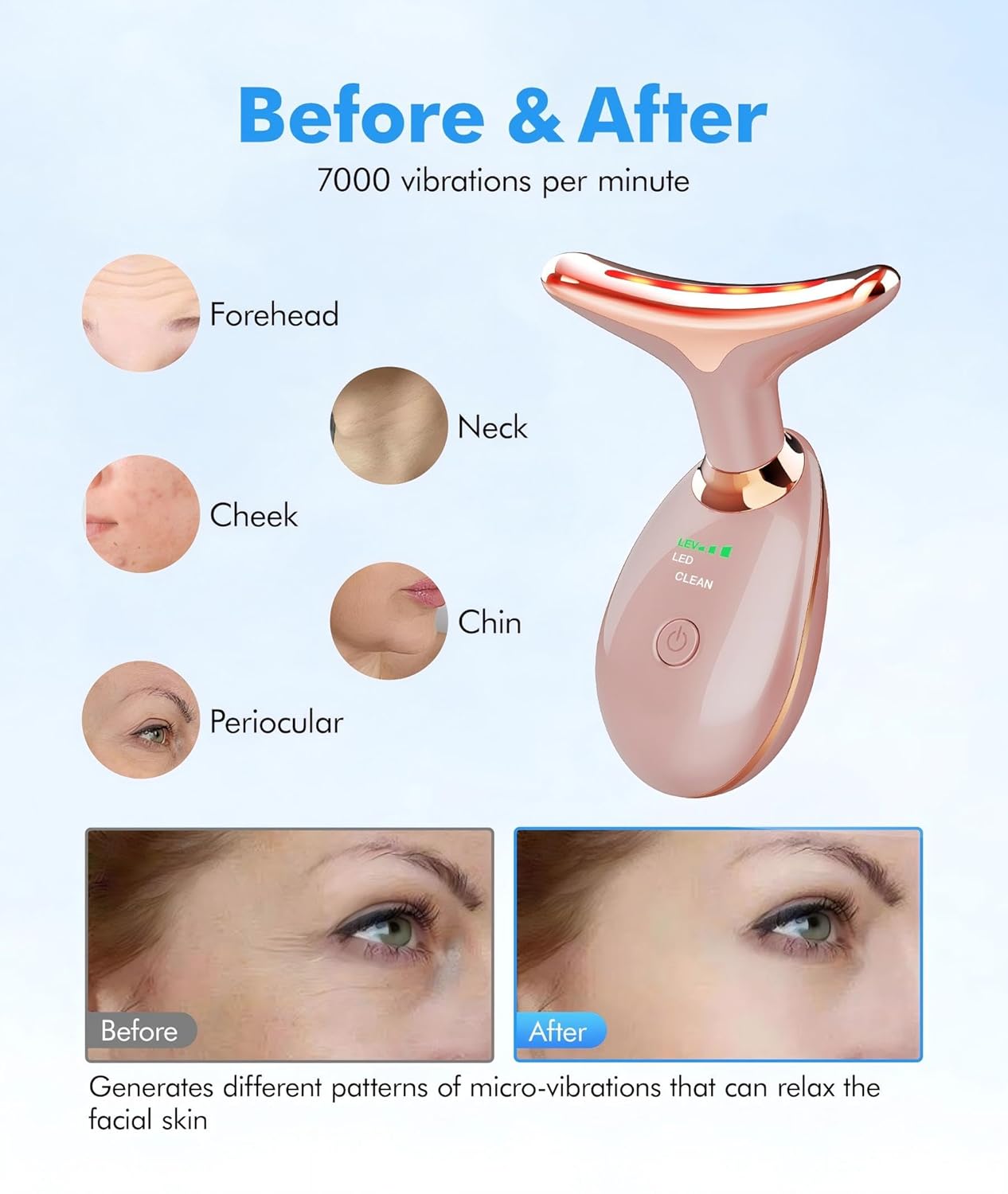 Red Light Therapy for Face and Neck, 7 Color Face Massager Tool for Wrinkles, Double Chin, Vibrating Facial Massager with Thermals for Skin Care, Rose Gold - Image 5