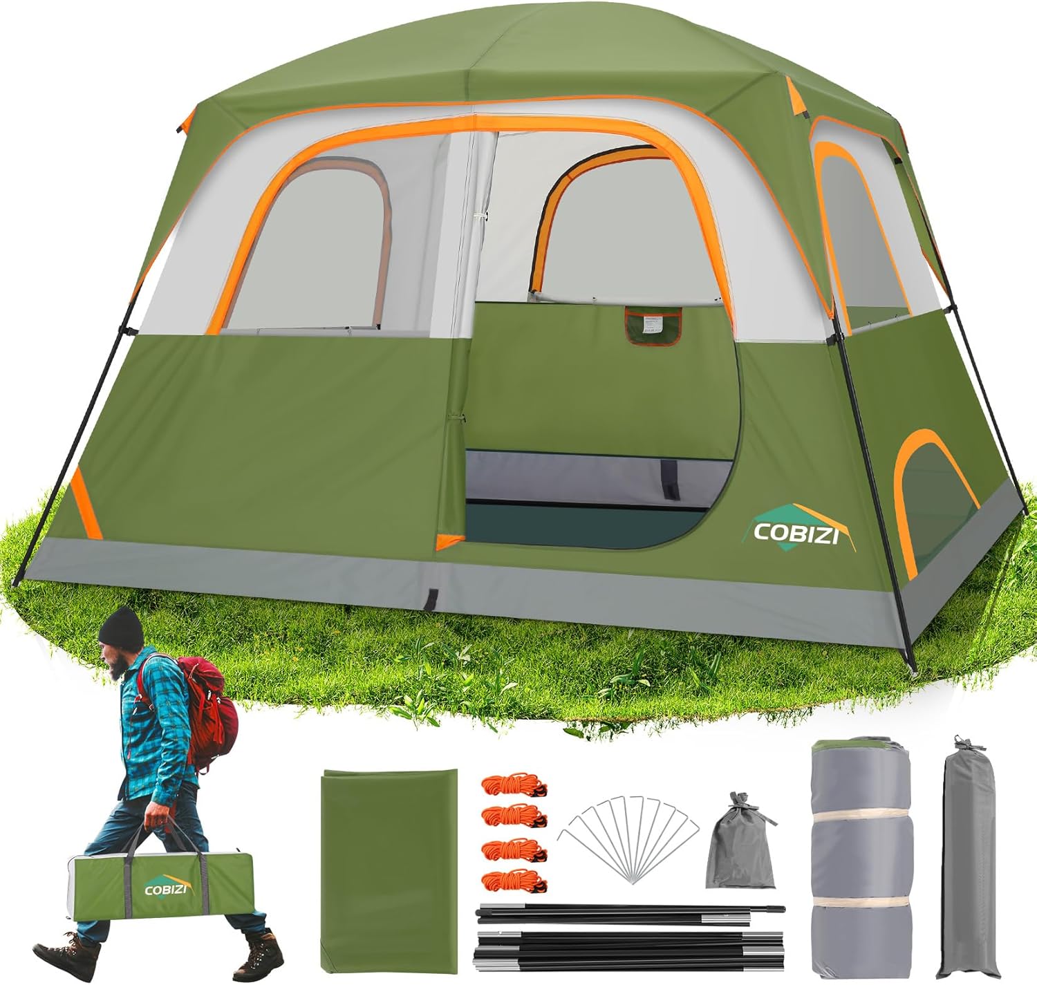 COBIZI 6 Person Tent for Camping 2000mm Waterproof PU-Coated, Easy Setup Family Tent with Removable Rainfly, 3 Season Outdoor Large Tent with Big Mesh Skylight for Camping, Beach, Travel, Festivals